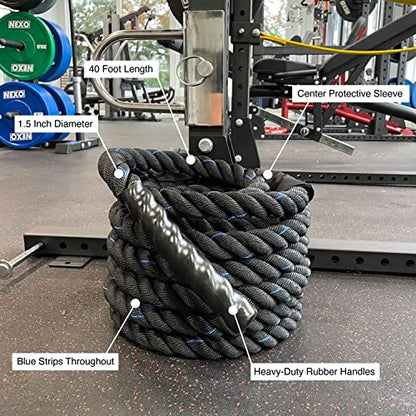 Heavy-Duty Battle Rope 1.5in x 40ft Conditioning Workout Tool for Cardio HIIT Cross Training