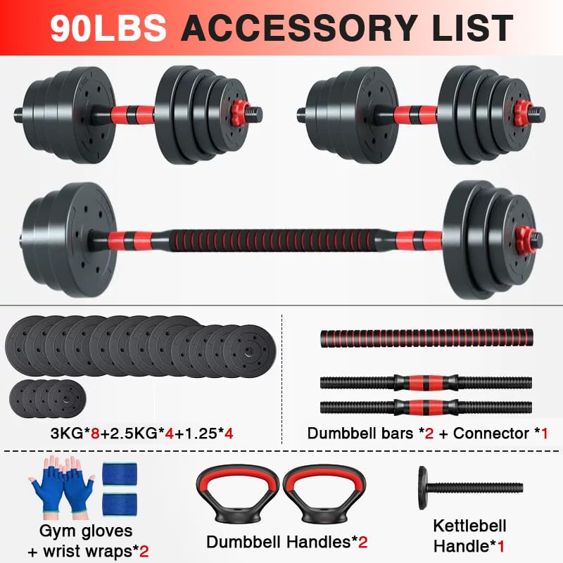 Adjustable Dumbbells Set of 2,Free Weight Set with Connector,Used as Barbell, Kettlebells, Push up Stand, Weight Plate, Fitness Exercises for Home Gym Suitable Men/Women - color: Red90lbs(45lbs*2)
