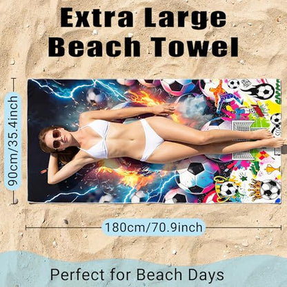 Large Soccer Beach Towel - 71" x 35" Oversized Microfiber Sand Free Quick Dry Absorbent Compact Sports Beach Towel for Pool Travel Gym Bath Camping - Cool Soccer Fan Gift for Men Women Summer Vacation