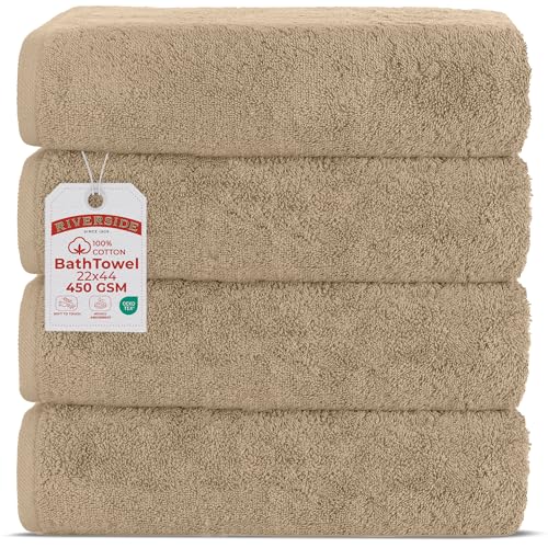 RIVERSIDE 100% Ring-Spun Cotton Bath Towels Set of 4 22 x 44 - Soft, Quick Dry & Highly Absorbent Towels for Shower & Bathroom - 450 GSM Lightweight Cotton Towels for Spa, Gym, Hotel- (Tan)
