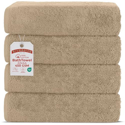 RIVERSIDE 100% Ring-Spun Cotton Bath Towels Set of 4 22 x 44 - Soft, Quick Dry & Highly Absorbent Towels for Shower & Bathroom - 450 GSM Lightweight Cotton Towels for Spa, Gym, Hotel- (Tan)