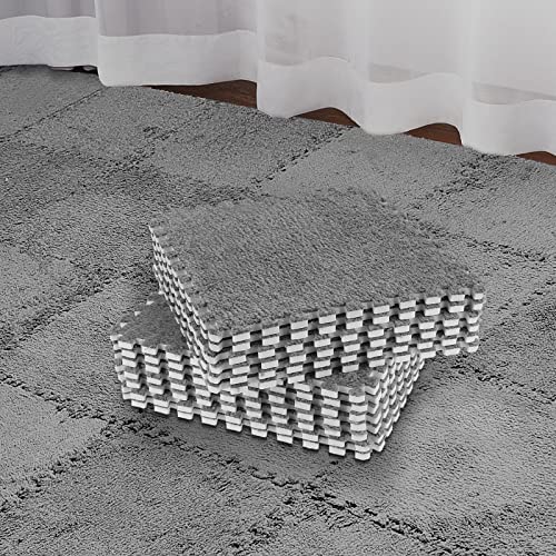 36 Pack Plush Foam Floor Mat Square Interlocking Carpet Tiles with Border Fluffy Play Mat Floor Tiles Soft Climbing Rugs for Bedroom Playroom, 12 x 12 x 0.4 in(Gray) - color: Grey