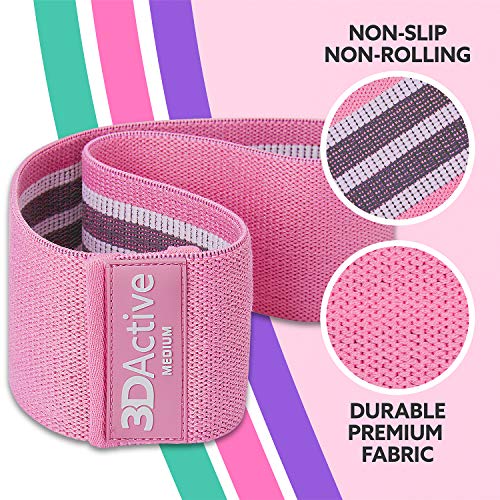 3DActive Fabric Resistance Bands for Legs & Butt. Wide Non-Slip Hip Band Set for Home & Gym Workouts. Exercise Guide & Carry Bag Included.