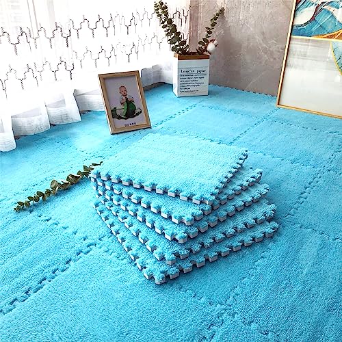 12pcs 0.6in Thick Interlocking Carpet Squares Puzzle Mat EVA Foam Area Tiled Rug for Baby Play Soft Mats (Blue, 11.8in)