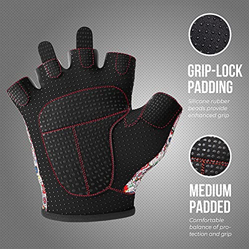 Contraband Pink Label 5237 Designer Series Workout Gloves for Women | Sugar Skull Print Weight Lifting Gloves for Women w/Grip-Lock Padding | Gym Gloves for Women w/Medium Padding (White, Large)
