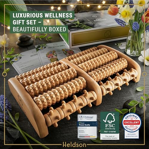 HELDSON® Foot Massager Roller Plantar Fasciitis Pain Relief - Wooden Under Desk Feet Massage - Dual Manual Heel Massagers - Wood Rolling Acupressure Tool with Reflexology Guide - Gift for Men, Women