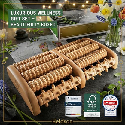 HELDSON® Foot Massager Roller Plantar Fasciitis Pain Relief - Wooden Under Desk Feet Massage - Dual Manual Heel Massagers - Wood Rolling Acupressure Tool with Reflexology Guide - Gift for Men, Women