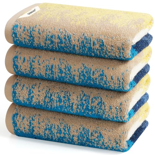 Coastal Ombre Hand Towels for Bathroom, 4-Pack Cotton Hand Towels with Hanging Loop, Soft & Absorbent, Quick Dry, Coastal Bathroom Decor Use, Easy Care