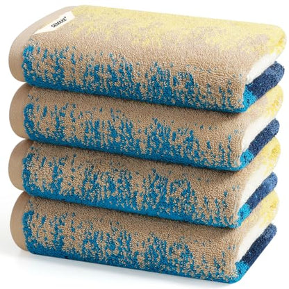 Coastal Ombre Hand Towels for Bathroom, 4-Pack Cotton Hand Towels with Hanging Loop, Soft & Absorbent, Quick Dry, Coastal Bathroom Decor Use, Easy Care