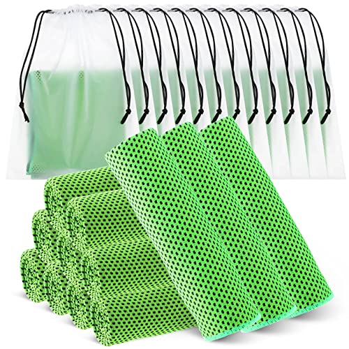 Hosuly 12 Pcs Cooling Towels for Face and Neck 12 x 40 Inch Workout Towels for Gym Fast Drying Hot Weather Sweat Rag Cold Cooling Cloth with 12 Bags Athletes Sport Yoga Golf(Green) - color: Green