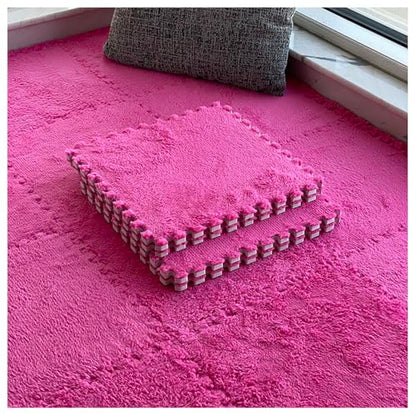 12 Pieces Thickened Plush Foam Interlocking Floor Mat,Fluffy Square Foam Tiles with 12 Edgings,Soft Anti-Slip Puzzle Area Rug Playmat for Bedroom,12X12inch,12 Tiles/11.6 Sq.Ft,Rose - color: Rose