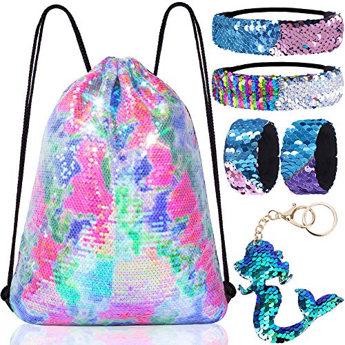 GA&EN Mermaid Reversible Sequin Drawstring Backpack/Bag Clear Iridescent Sequin+Colorful Fabric for Kids Girls - color: 16-clear Iridescent Sequin+colorful Fabric