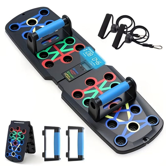 Push Up Board + Non Slip Handle + Resistance Bands, with Automatic Count & Timer, Foldable Portable Professional Workout Equipment Pushup Bar Resistance Chest Exercise Strength Function Gym Home Floor Men & Women