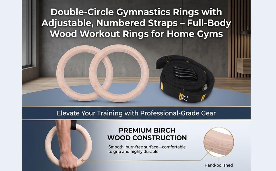 2PCS Gymnastics Rings, Wooden Exercise Rings with Adjustable Straps for Upper Body Home Gym Strength Training