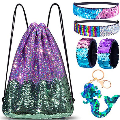 GA&EN Mermaid Reversible Sequin Drawstring Backpack/Bag Iridescent Dotted Dark SeaGreen/Purple for Kids Girls - color: 14-iridescent Dotted Dark Seagreen/Purple