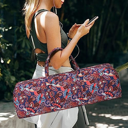 | Yoga Mat Bag | Large Yoga Mat Carrier with Wet Pocket | Yoga Gifts | Gym Tote Bag for Women - color: Navy cashew flower