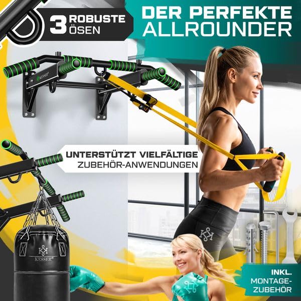 KESSER® 4-in-1 pull-up bar for wall mounting, non-slip handles, additional function for rope rings and punching bags with different grip positions, safe and stable, pull-up bar for home