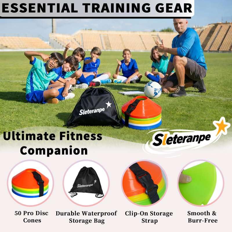 Pro Disc Cones (Set of 50) | Drawstring Bag & Strap, for Soccer, Basketball, Football, Agility & Sports Drills Training