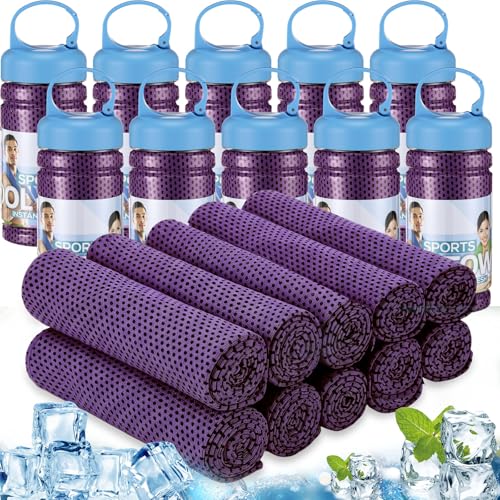 Honoson 20 Pcs Cooling Towels for Neck and Face, 47"x12" Sports Breathable Ice Towels Microfiber Chilly Sweat Rags with Portable Bottle for Gym Golf Athletes Yoga Workout Hot Weather (Purple) - color: Purple