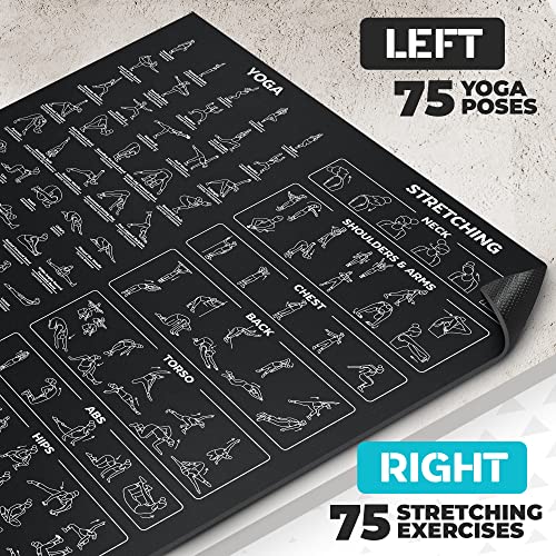 Extra-Large Instructional Yoga Mat with Poses Printed On It - 3X Bigger & 2X Wider than Regular Workout Mats - 150 Illustrated Yoga Poses and Stretches - Wide, Non-Slip, Barefoot Exercise Mat - color: 6' x 4' Black