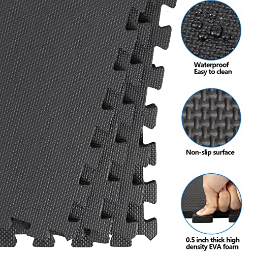 F2C 6 Pieces Puzzle Exercise Mat EVA Foam Interlocking Tiles with 12 End Borders for Gym Home Exercise Workout Floor Protecting Black