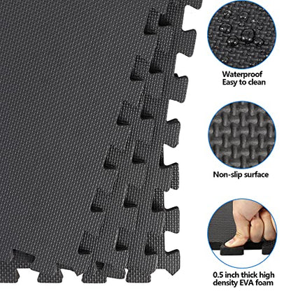 F2C 6 Pieces Puzzle Exercise Mat EVA Foam Interlocking Tiles with 12 End Borders for Gym Home Exercise Workout Floor Protecting Black