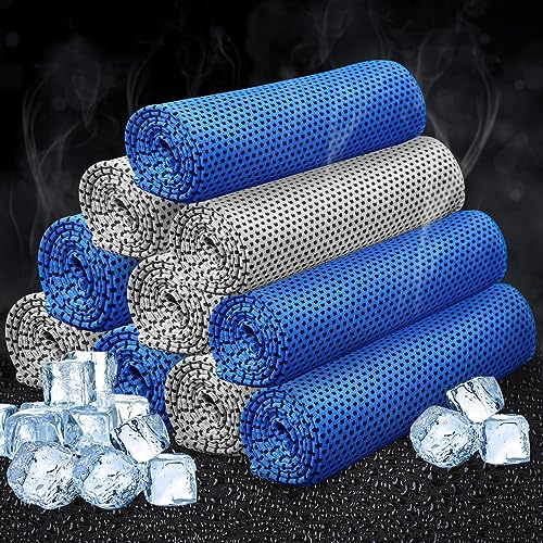 Honoson 10 Pcs Cooling Towel Bulk - Neck & Face Cool Chilly Towels Microfiber Breathable Sport Sweat Rag for Gym, Yoga, Travel, Camping, Running, Outdoor (Grey,Blue)
