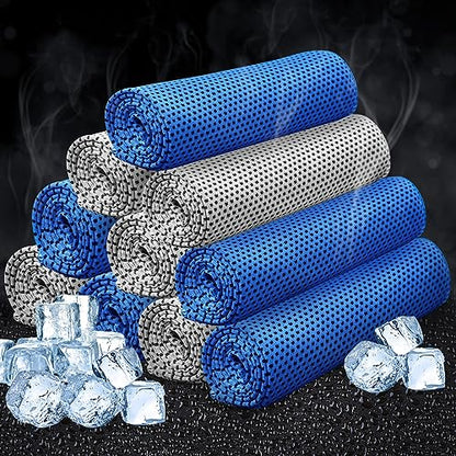 Honoson 10 Pcs Cooling Towel Bulk - Neck & Face Cool Chilly Towels Microfiber Breathable Sport Sweat Rag for Gym, Yoga, Travel, Camping, Running, Outdoor (Grey,Blue)