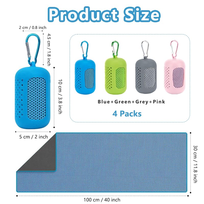 4 Pack Cooling Towels (40"x12"), Microfiber Chilly Towels Soft Breathable Gym Ice Towel for Workout, Yoga, Sport, Silicone Set Travel Sweat Towels Fast Drying Lightweight Cooling Neck Wraps - color: Blue/Green/Grey/Pink