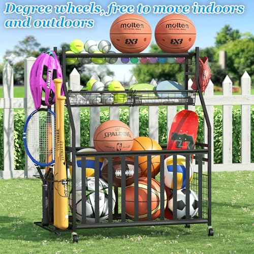 Jsskeeim Garage Sports Equipment Organizer,Sports Ball Organizer with Wheels,Mesh Pocket, Basket,Ball Organizer with Baseball Bat Rack and HooksToy Storage Rolling Cart-Black - style: 01