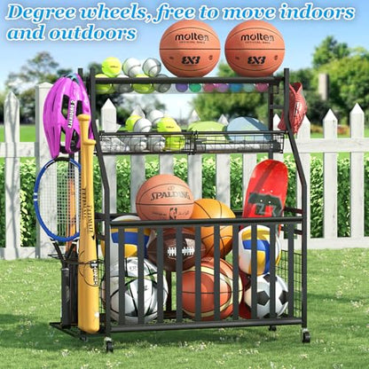 Jsskeeim Garage Sports Equipment Organizer,Sports Ball Organizer with Wheels,Mesh Pocket, Basket,Ball Organizer with Baseball Bat Rack and HooksToy Storage Rolling Cart-Black - style: 01