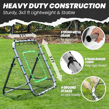 Portable Pro Rebounder Baseball Softball 3' x 3' Foldable Heavy Duty Pitch Back Bounce Trainer Adjustable Dual Rebound Modes (Predictable and Random)