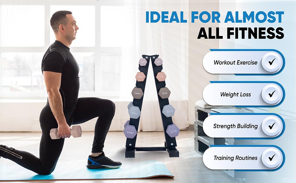 Dumbbell Set with Rack - Neoprene Coated Weights - Hex Color Coded Dumbell Pairs 1-20 LBs
