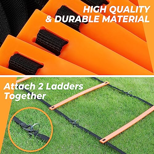 GHB Pro Agility Ladder Soccer Kick Trainer Set 20ft 12 Rung 10 Cones and 4 Stakes Speed Agility Football Training Equipment with Carrying Bag - color: Orange