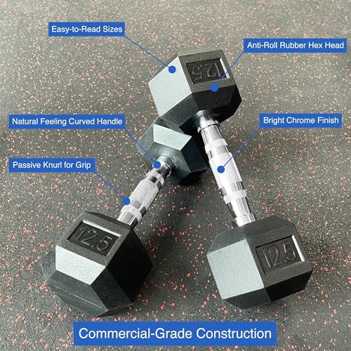 12.5LB Rubber Hex Dumbbell Pair - Commercial-Grade Rubber Hex Dumb Bell Weights Set of 2