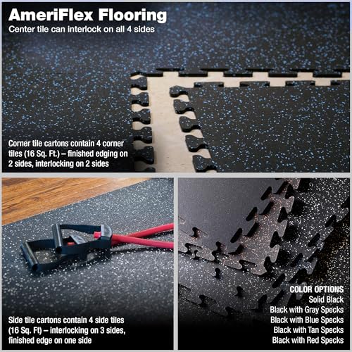 Matter Flex 100% Rubber Floor Mats - Recycled Rubber Gym Flooring for Home Gym, Interlocking Exercise Tiles, Made in The USA, Gym Tiles, Corner (4 tiles/16 Sq. Ft.), Black with Red Speck