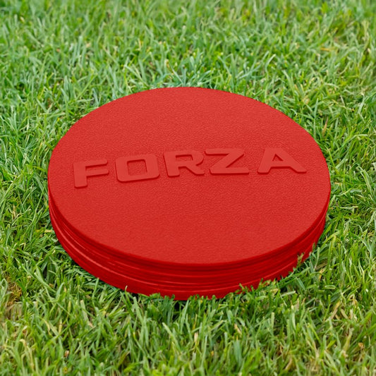 FORZA Flat Disc Markers | Brightly Colored Training Markers for Soccer & Outdoor Play – Available in Mini (Set of 20) or Standard (Set of 10) - color: Red, style: Mini (3.5in)